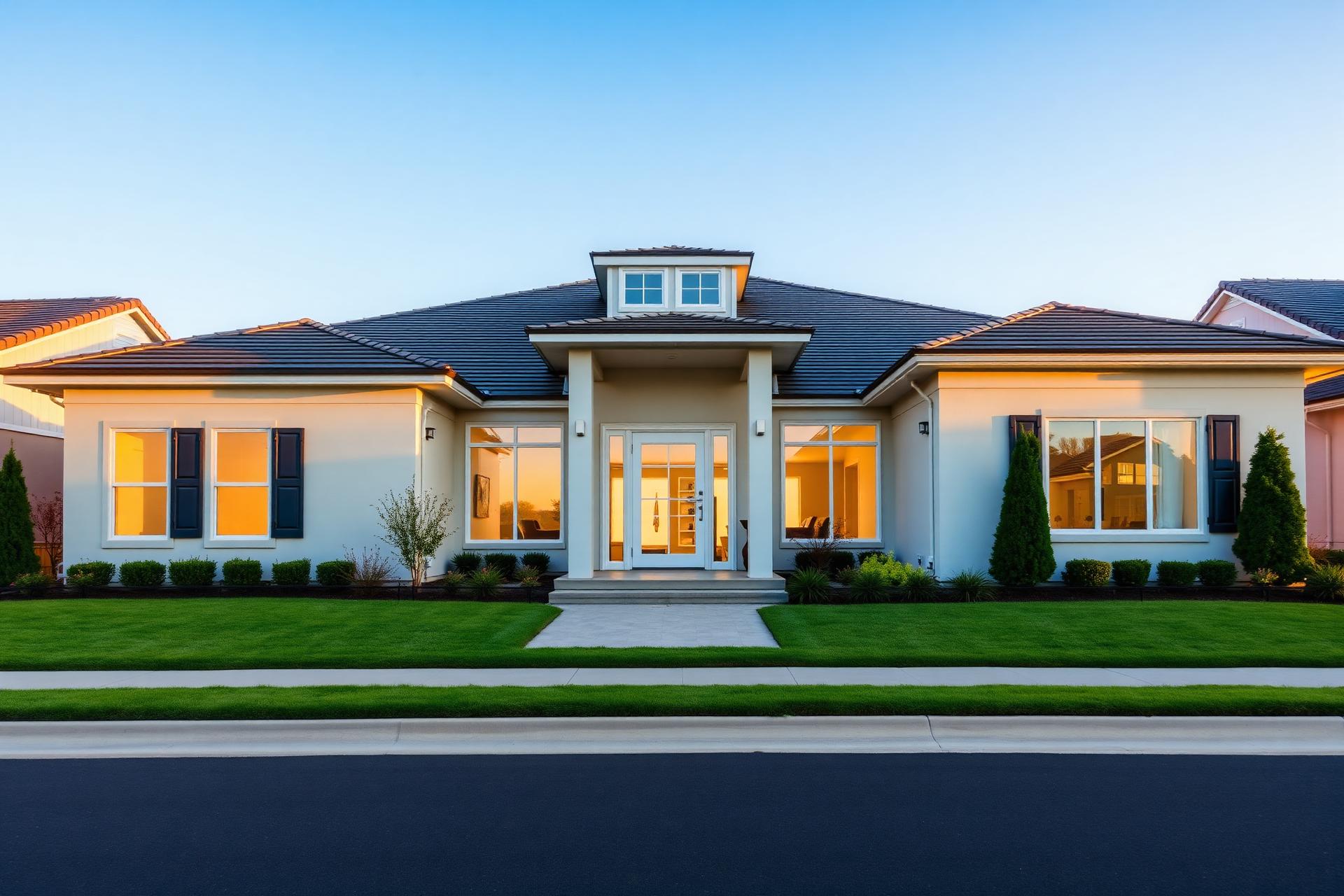 Bright residential home exterior with multiple large windows
